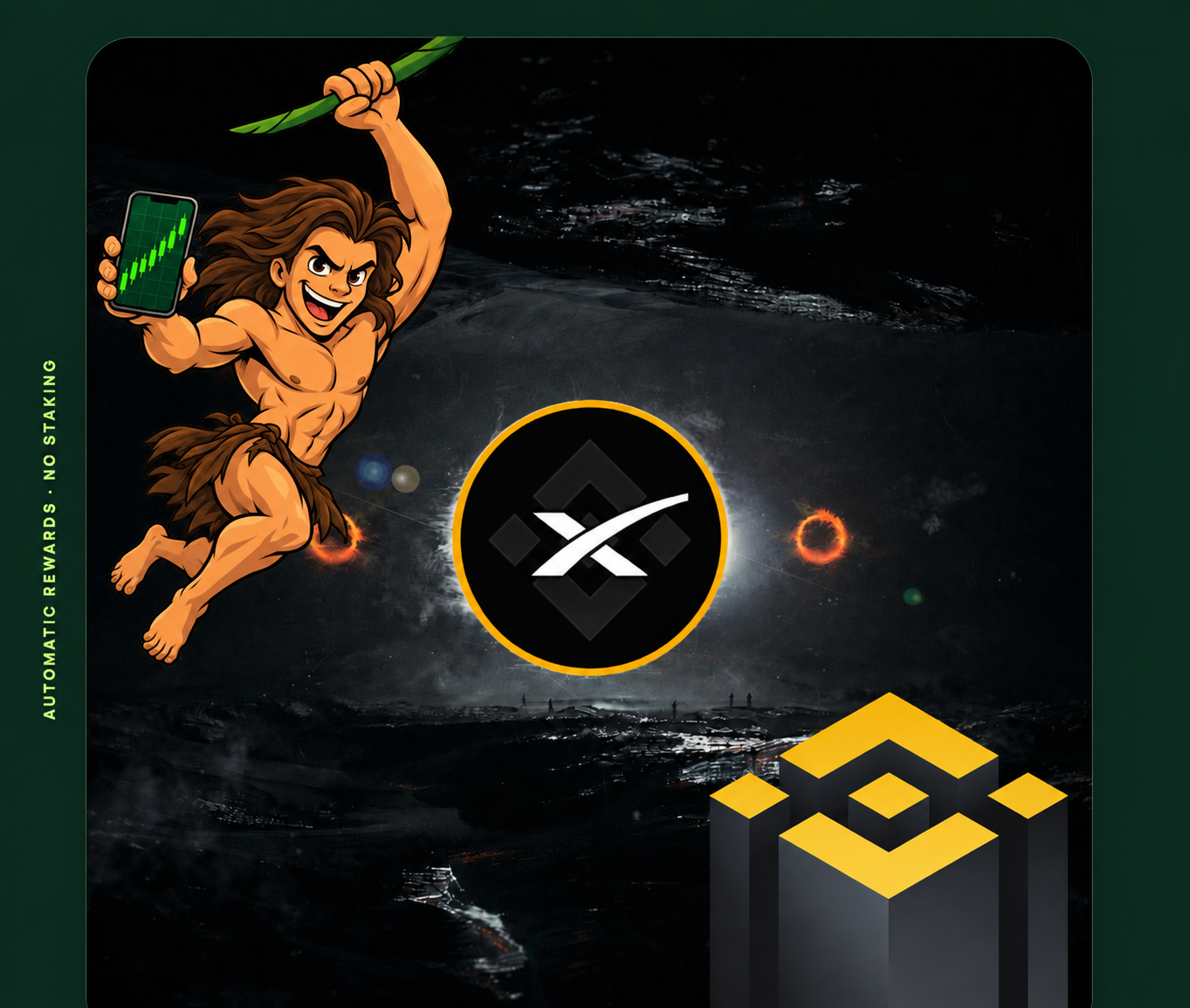 TARZAN swinging with his chart phone alongside the SPCXB emblem